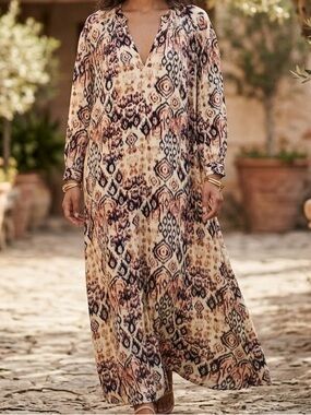 V.DE. Vinster Idli Tribal Print Light Weight Maxi Long Sleeve Shirt Dress Large